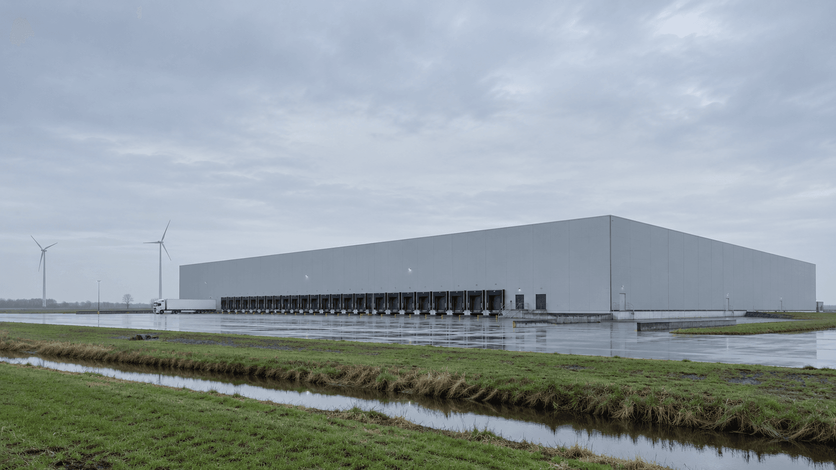 Groot koelhuis met laadperrons op een natte kade, met windmolens in de verte
