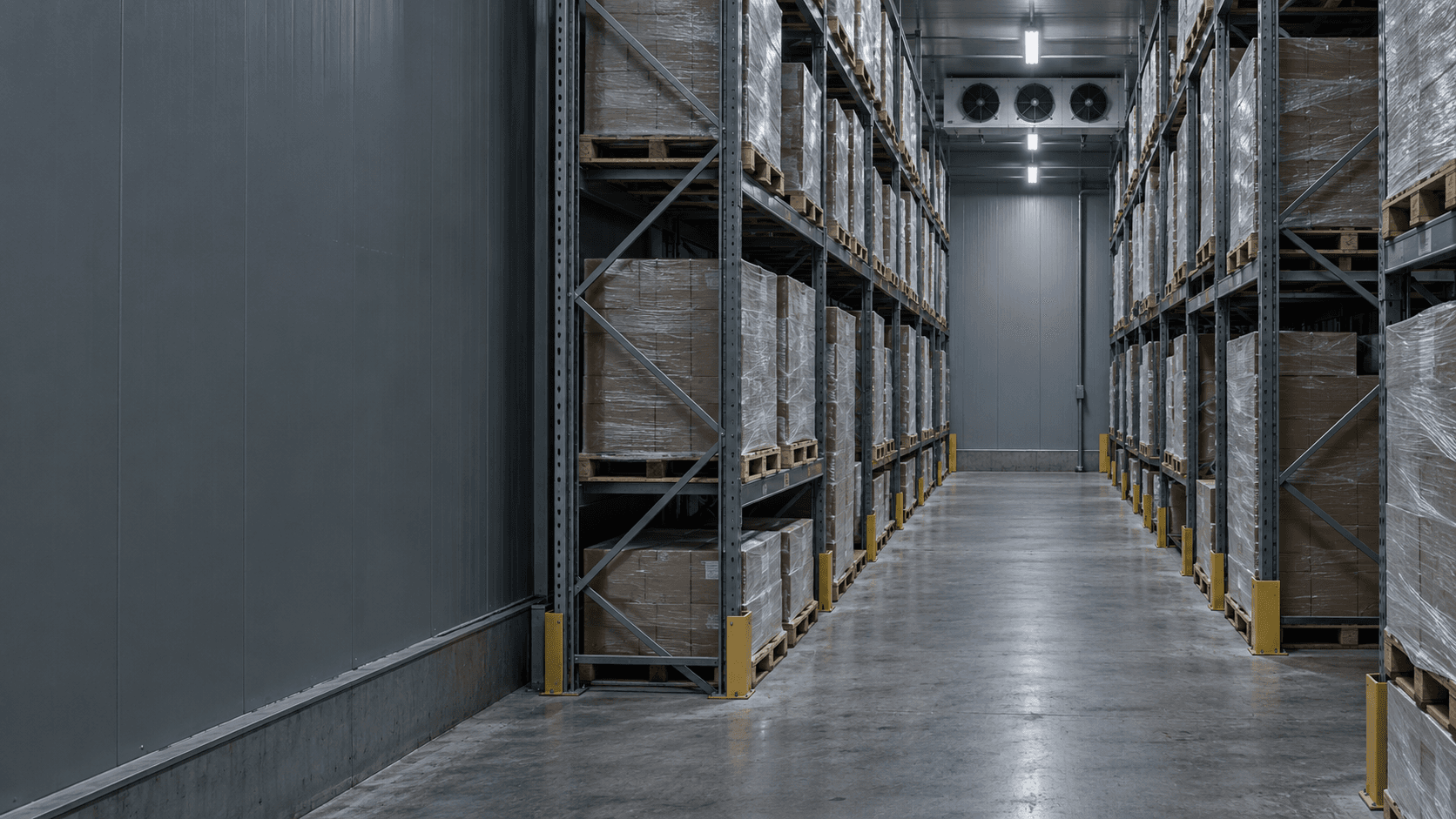 Gang tussen hoge stellingen in een koelhuis