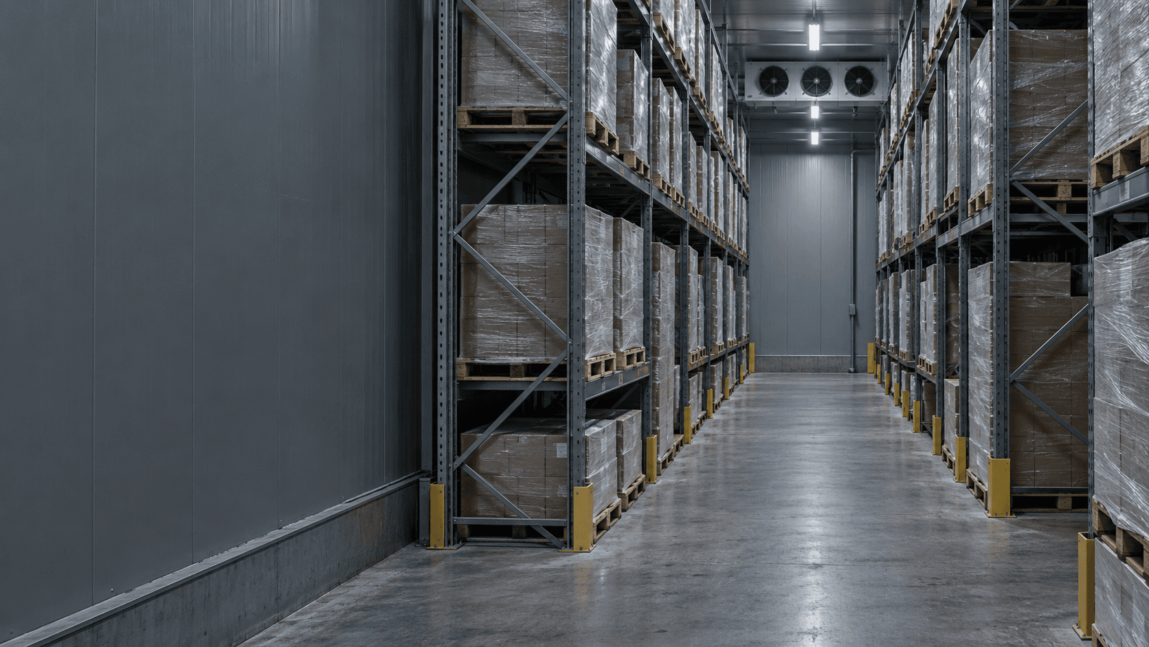Gang tussen hoge stellingen in een koelhuis